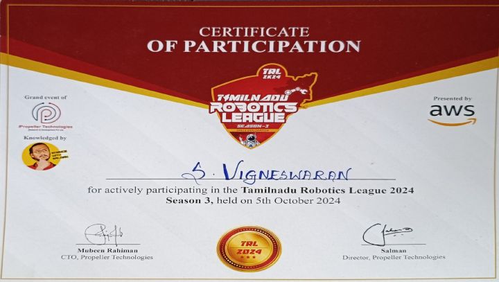 Participation Certificate in Tamil Nadu Robotics League